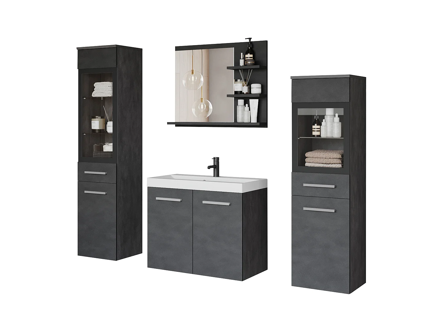 Ensemble de salle de bain, meubles suspendus avec lavabo, 2 colonnes et miroir avec étagères, matera mat