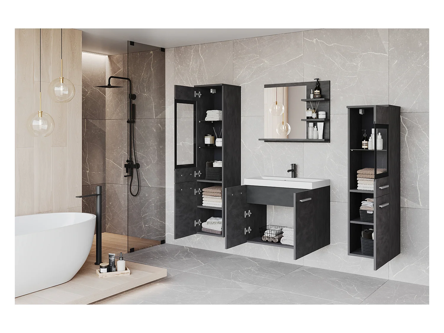 Ensemble de salle de bain, meubles suspendus avec lavabo, 2 colonnes et miroir avec étagères, matera mat