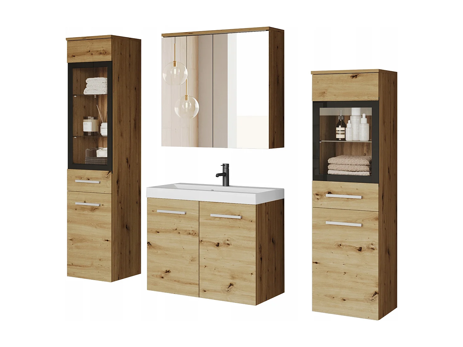 Ensemble de salle de bain suspendu avec lavabo, 2 colonnes et armoire miroir, chêne artisan mat