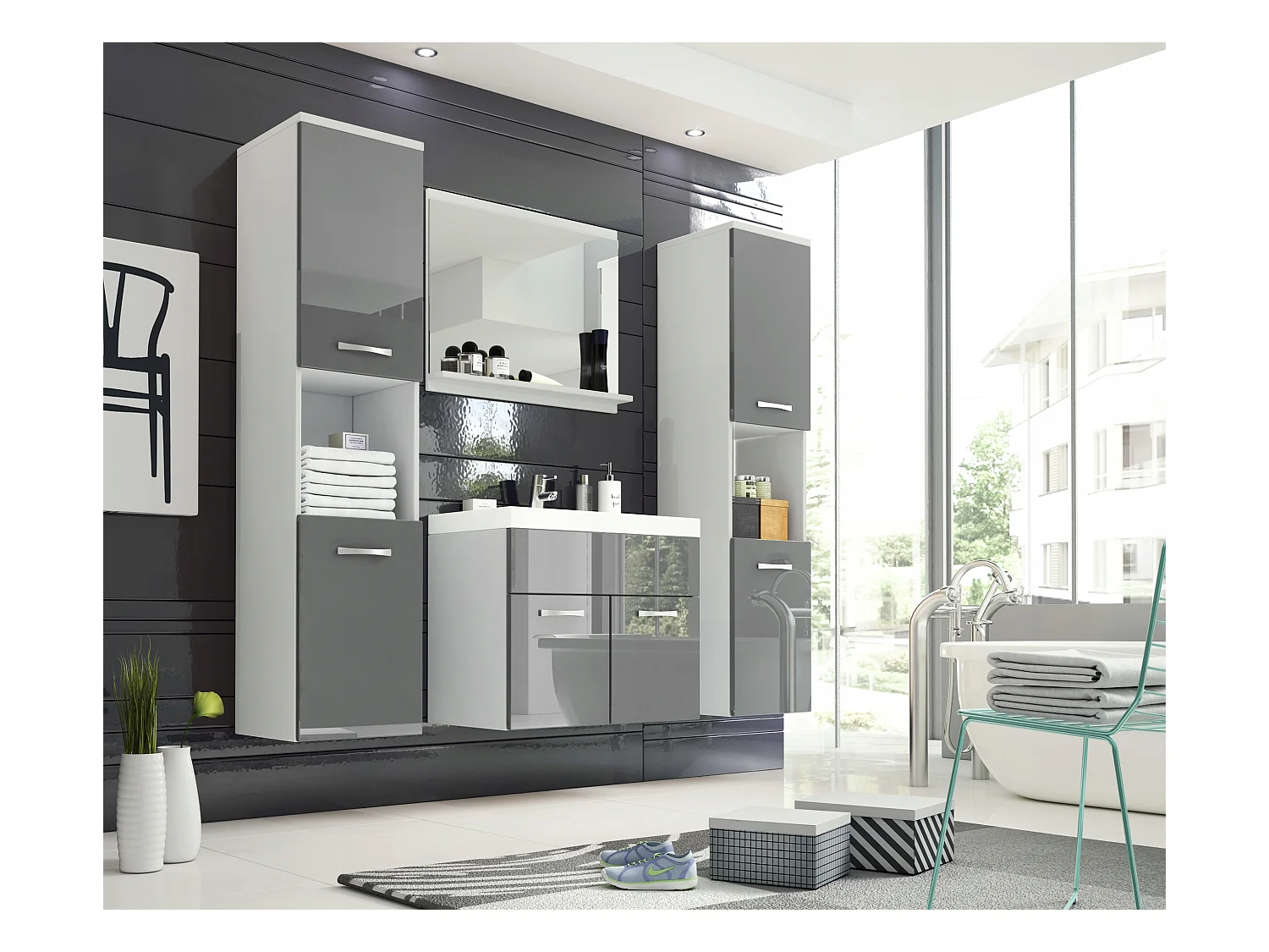 Ensemble de salle de bain suspendu avec lavabo, miroir et 2 colonnes, caisson blanc façades gris brillant