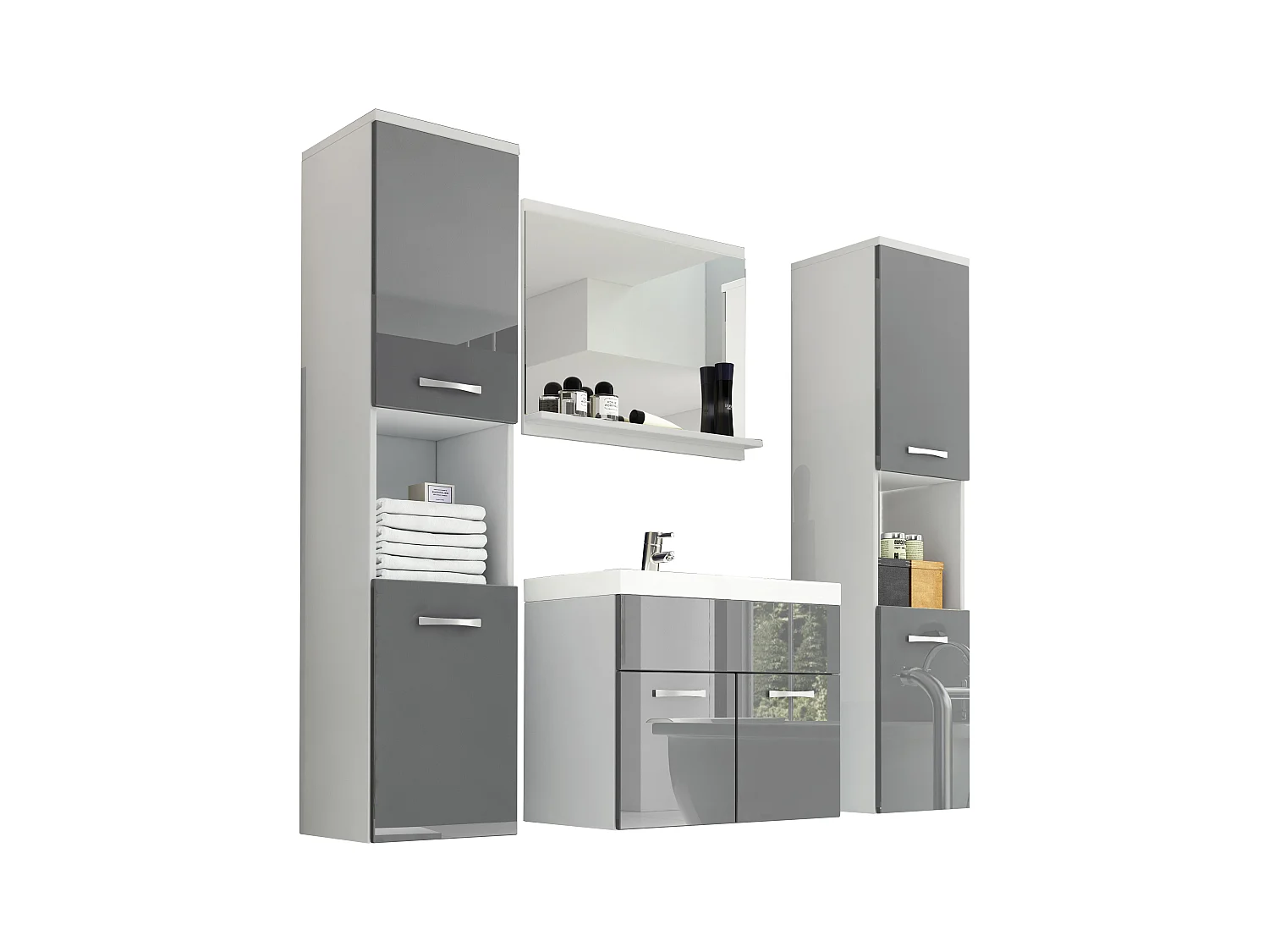 Ensemble de salle de bain suspendu avec lavabo, miroir et 2 colonnes, caisson blanc façades gris brillant