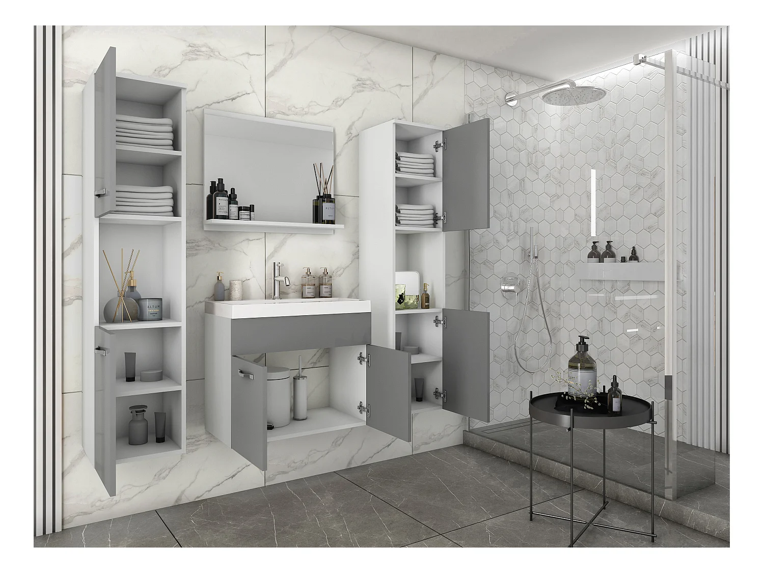 Ensemble de salle de bain suspendu avec lavabo, miroir et 2 colonnes, caisson blanc façades gris brillant