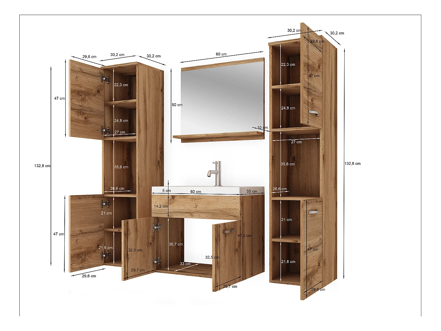 Ensemble de salle de bain suspendu avec lavabo, miroir et 2 colonnes, caisson blanc façades gris brillant