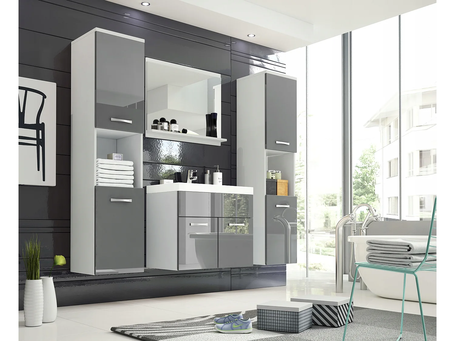 Ensemble de salle de bain suspendu avec lavabo, miroir et 2 colonnes, caisson blanc façades gris brillant