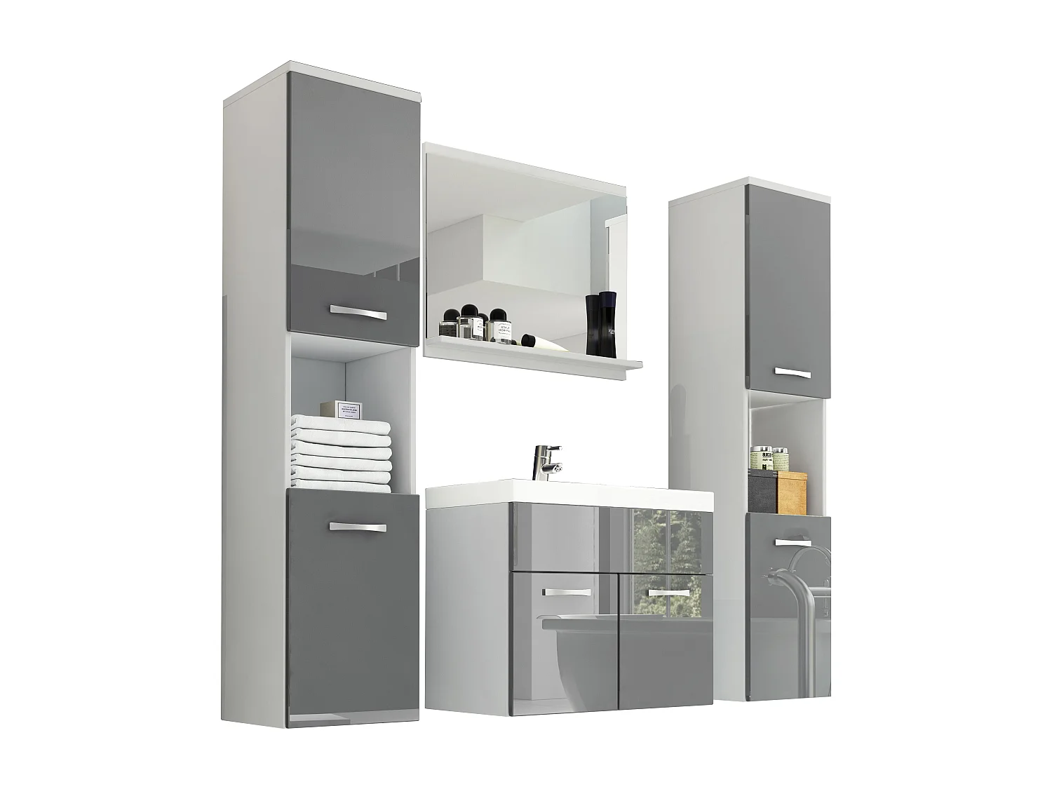 Ensemble de salle de bain suspendu avec lavabo, miroir et 2 colonnes, caisson blanc façades gris brillant