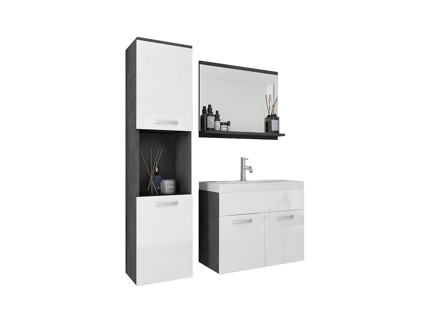 Conjunto de baño colgante con lavabo, espejo y columna, cuerpo matera frentes blanco brillo
