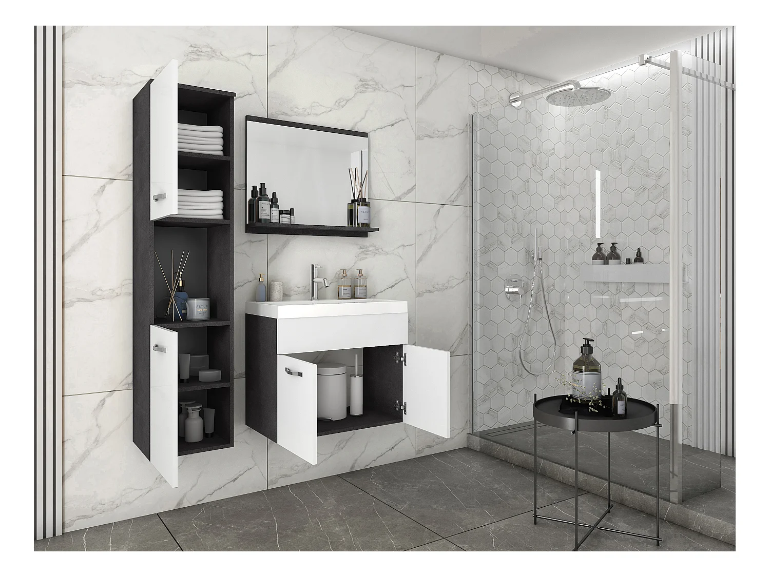 Conjunto de baño colgante con lavabo, espejo y columna, cuerpo matera frentes blanco brillo