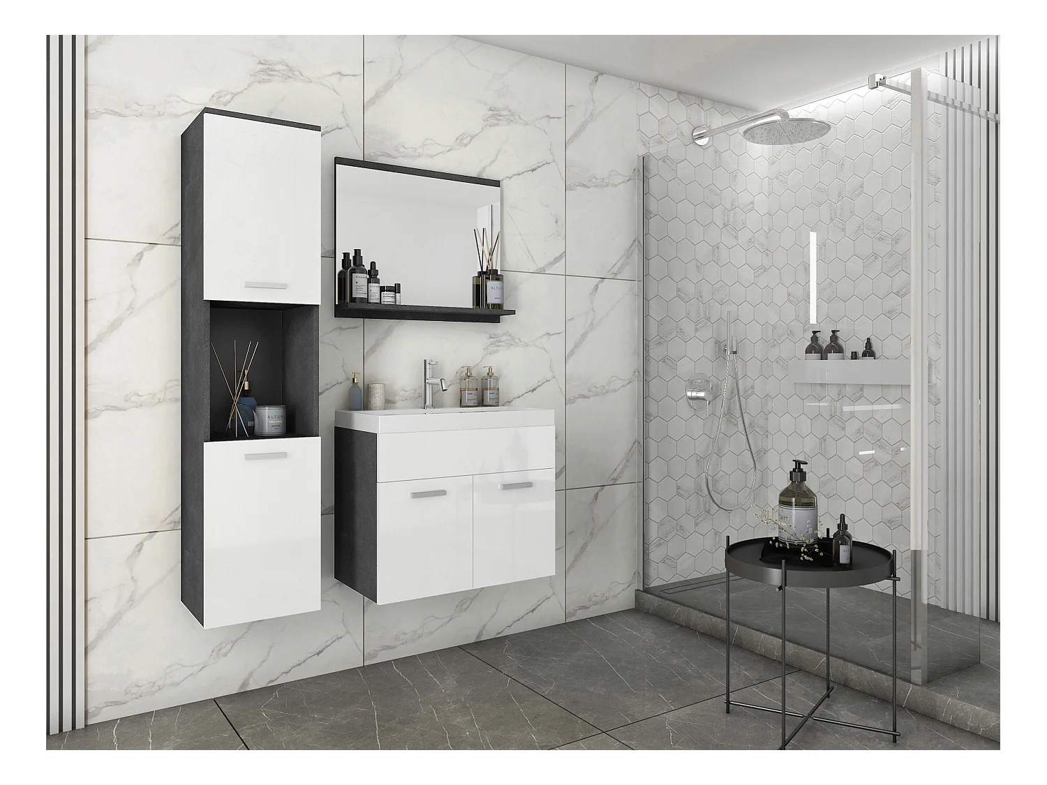 Ensemble de salle de bain suspendu avec lavabo, miroir et colonne, caisson matera façades blanc brillant