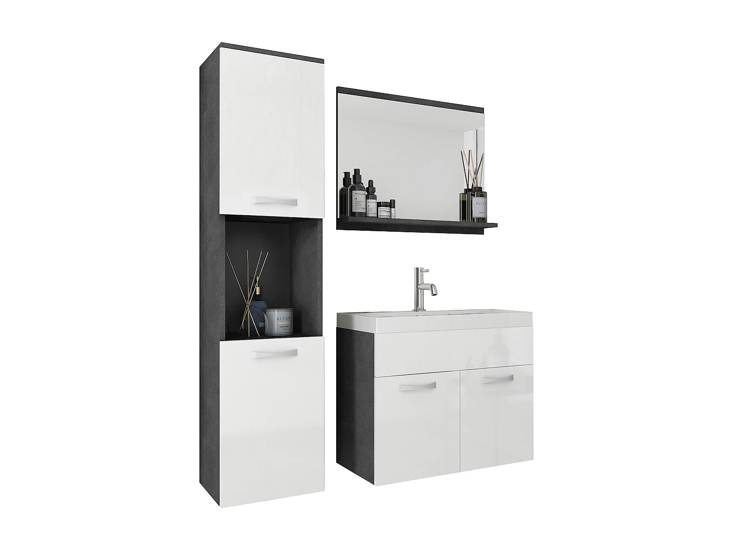 Modernes Montreal Badezimmer-Set mit 60 cm Waschbecken, Spiegel und Säule in glänzendem Weiß - Kleines Badezimmer-Wandensemble