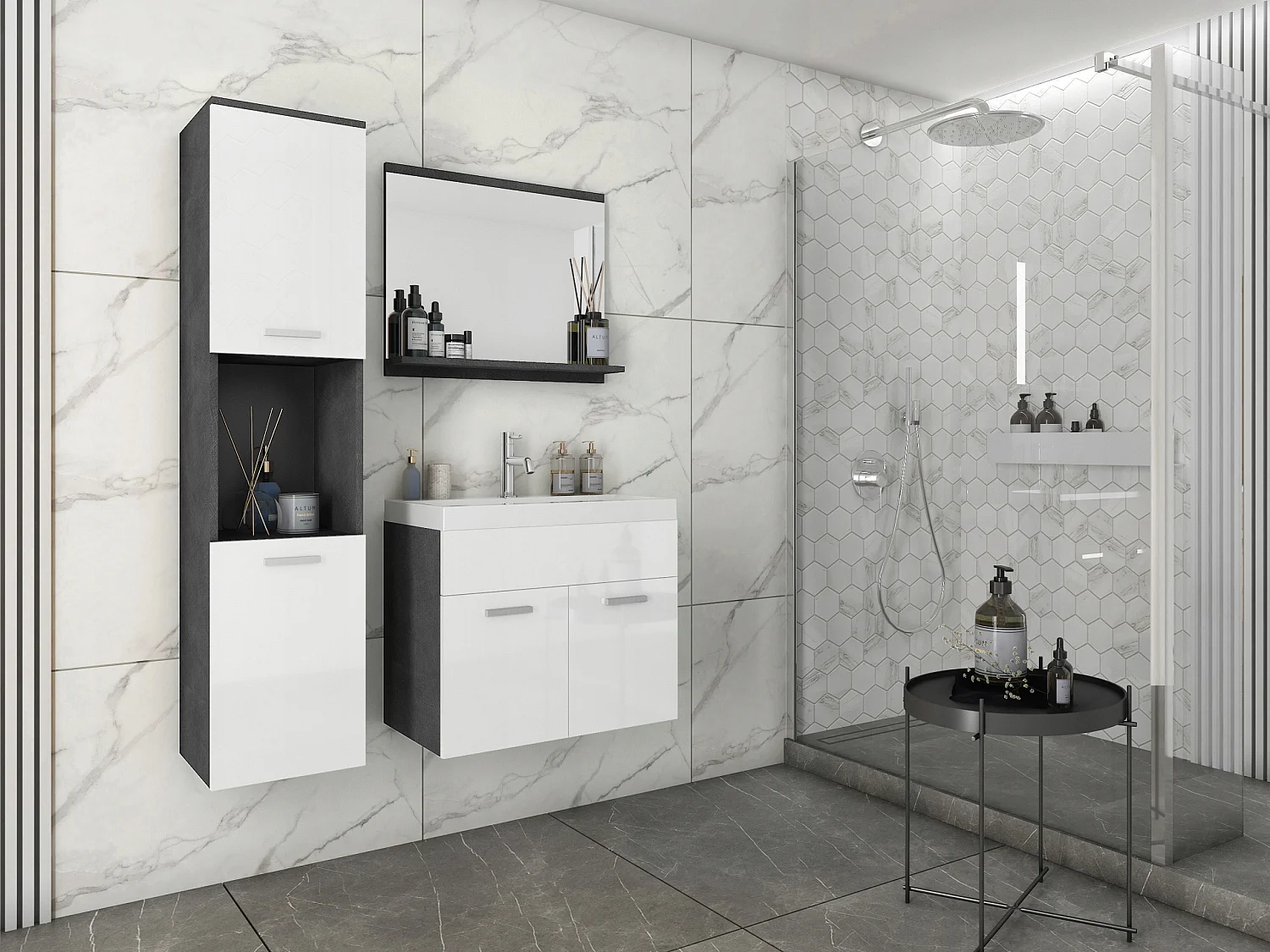 Modernes Montreal Badezimmer-Set mit 60 cm Waschbecken, Spiegel und Säule in glänzendem Weiß - Kleines Badezimmer-Wandensemble
