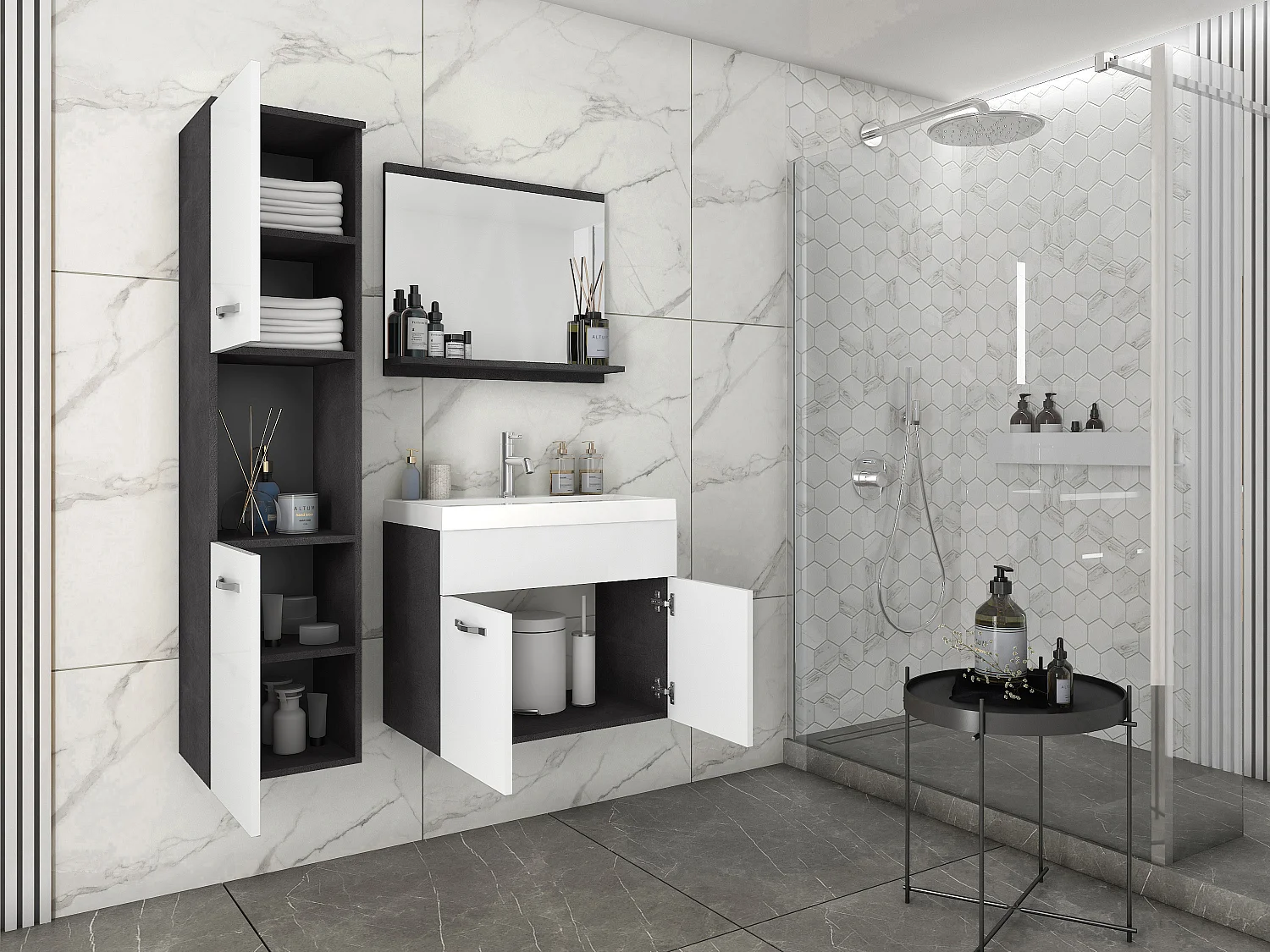 Modernes Montreal Badezimmer-Set mit 60 cm Waschbecken, Spiegel und Säule in glänzendem Weiß - Kleines Badezimmer-Wandensemble