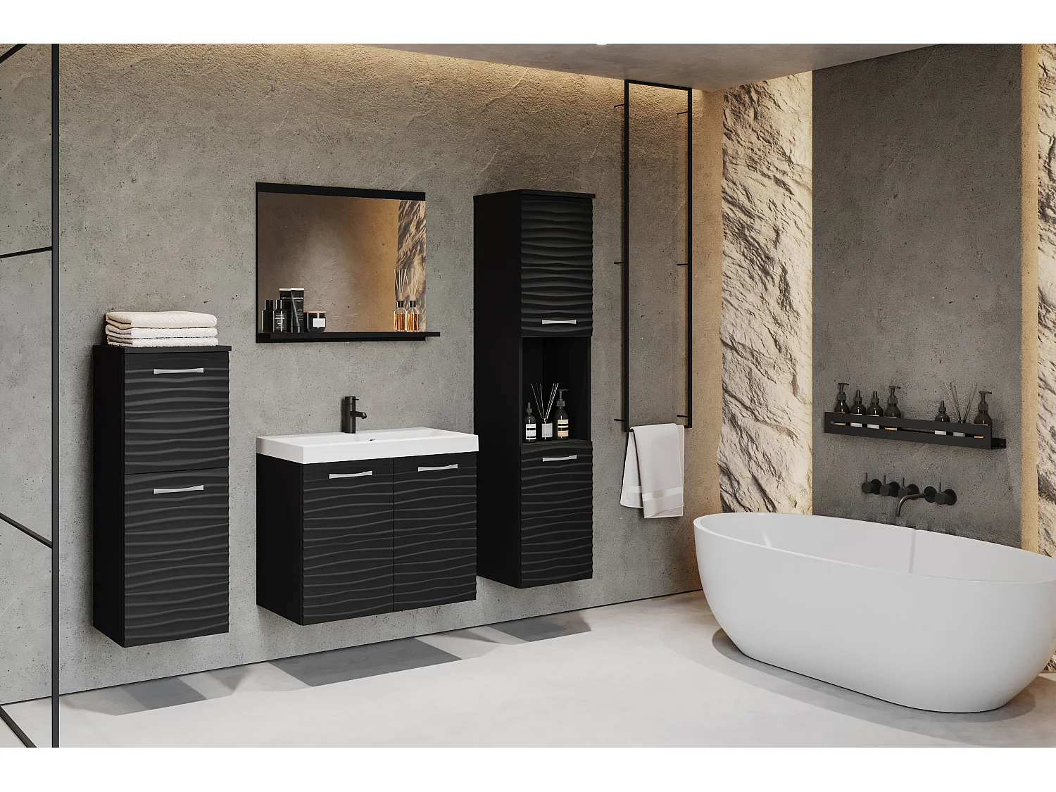 Meubles de salle de bain avec lavabo et miroir Vague noire