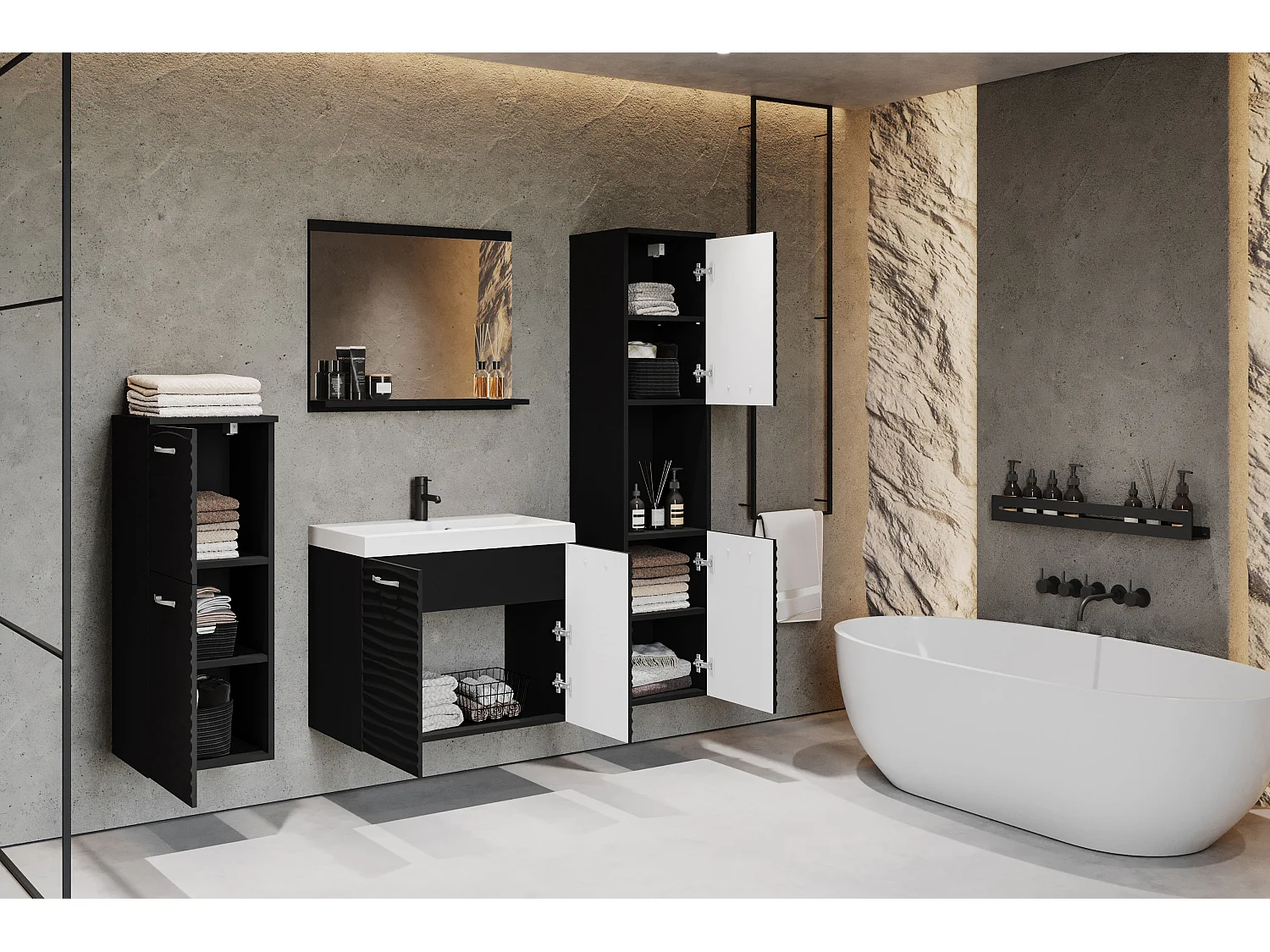 Meubles de salle de bain avec lavabo et miroir Vague noire