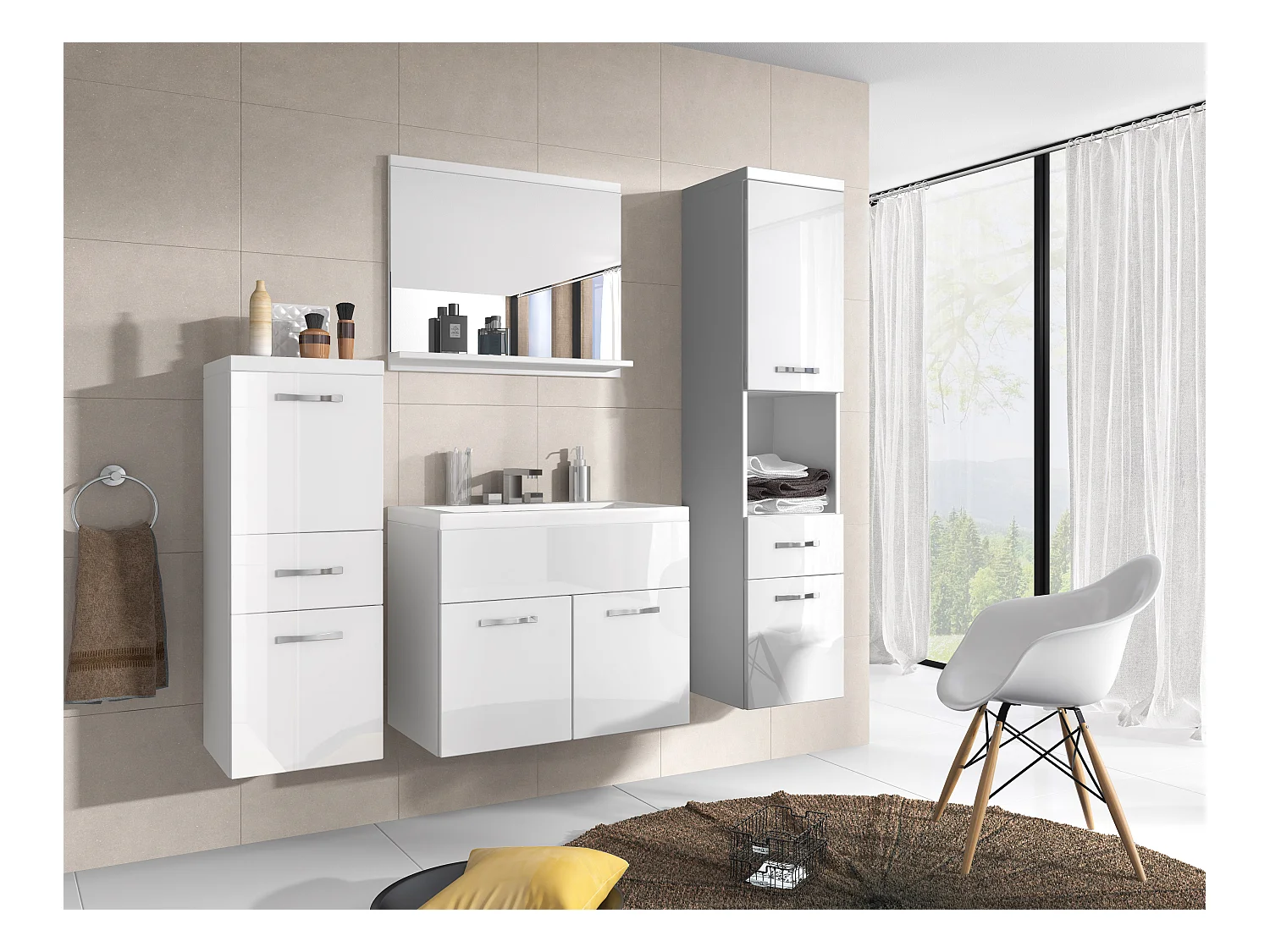 Meubles de salle de bain modernes, ensemble suspendu avec lavabo, miroir et colonnes, corps blanc mat / façades blanc brillant