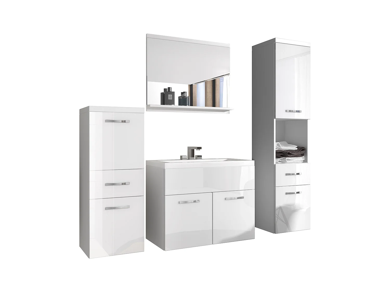 Meubles de salle de bain modernes, ensemble suspendu avec lavabo, miroir et colonnes, corps blanc mat / façades blanc brillant