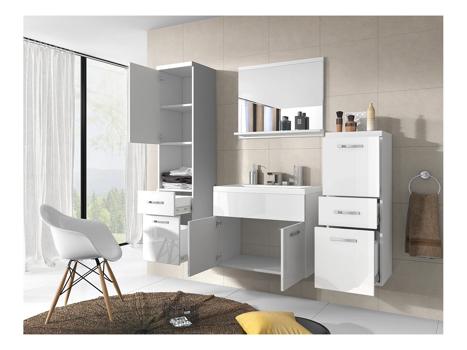 Meubles de salle de bain modernes, ensemble suspendu avec lavabo, miroir et colonnes, corps blanc mat / façades blanc brillant