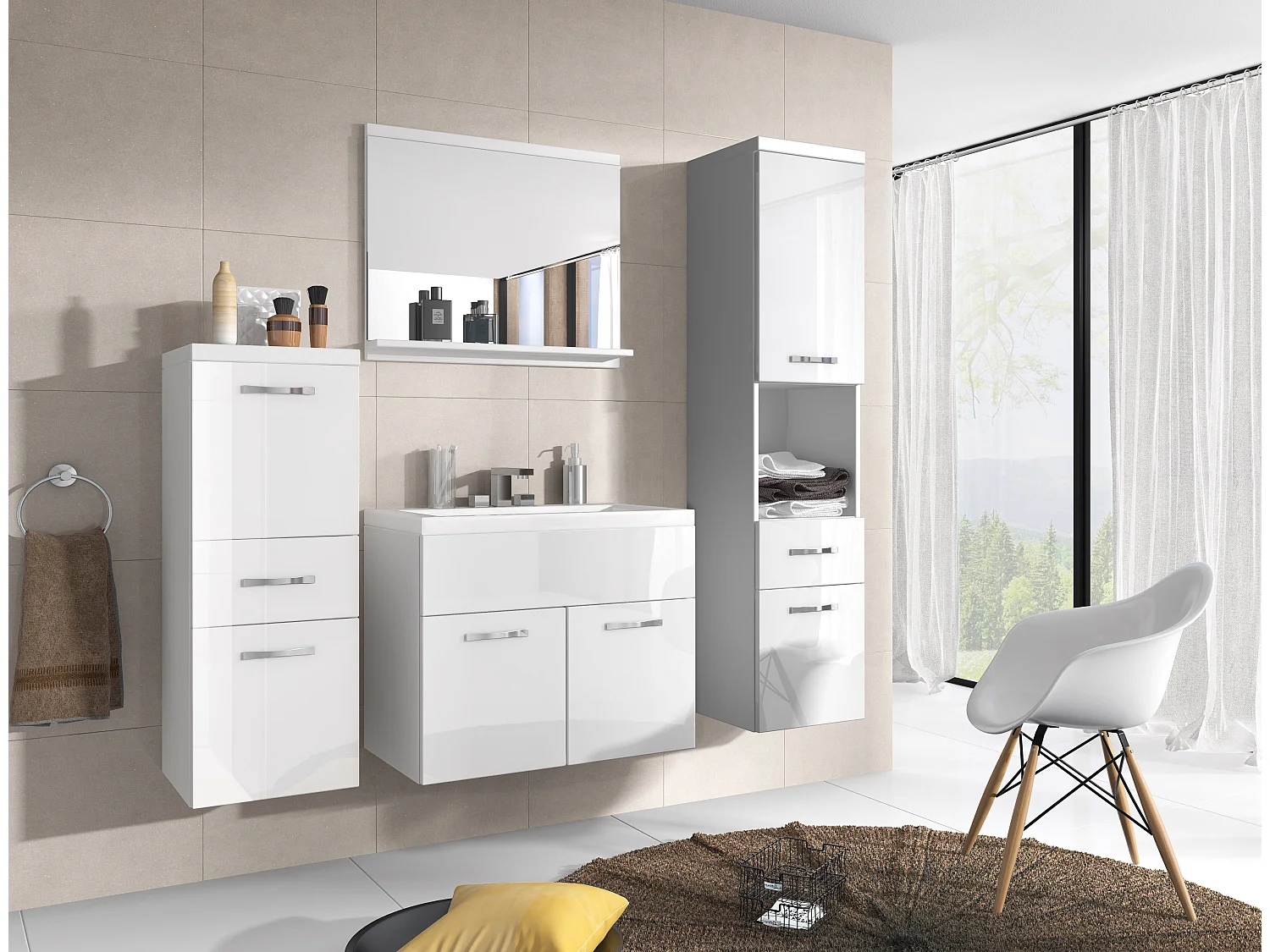 Nowoczesne meble łazienkowe, wiszący zestaw z umywalką, lustrem i słupkami, korpus biały mat / fronty biały połysk