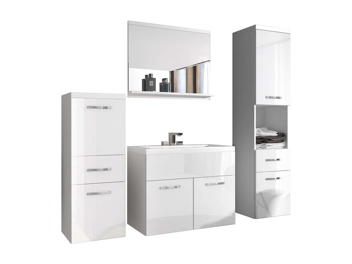 Nowoczesne meble łazienkowe, wiszący zestaw z umywalką, lustrem i słupkami, korpus biały mat / fronty biały połysk