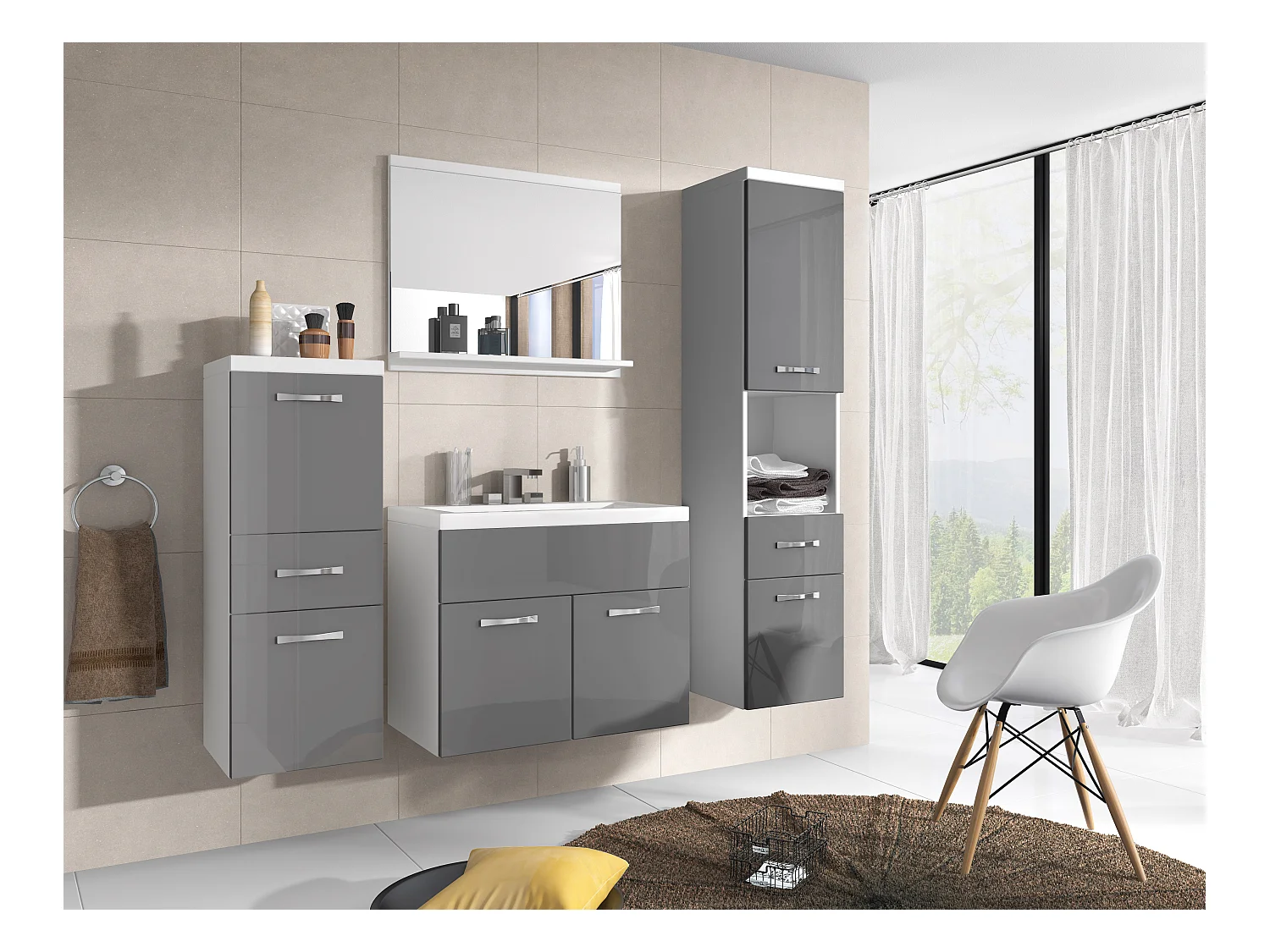 Meubles de salle de bain modernes, ensemble suspendu avec lavabo, miroir et colonnes, corps blanc mat / façades gris brillant