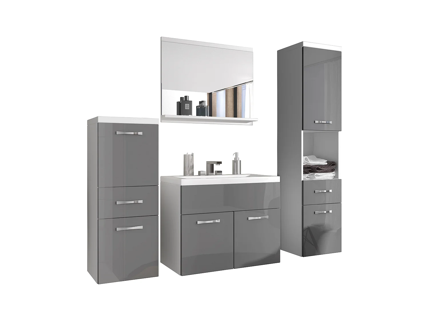 Meubles de salle de bain modernes, ensemble suspendu avec lavabo, miroir et colonnes, corps blanc mat / façades gris brillant