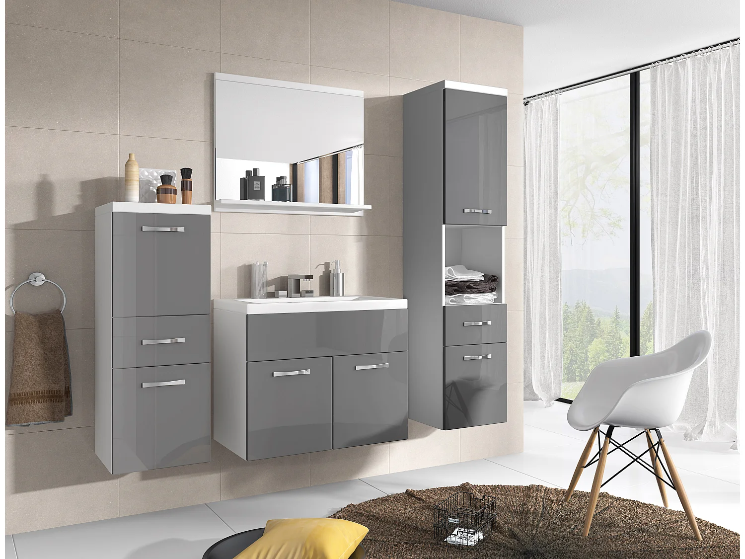 Moderne badmeubels, hangende set met wastafel, spiegel en kolomkasten, corpus wit mat / fronten grijs hoogglans