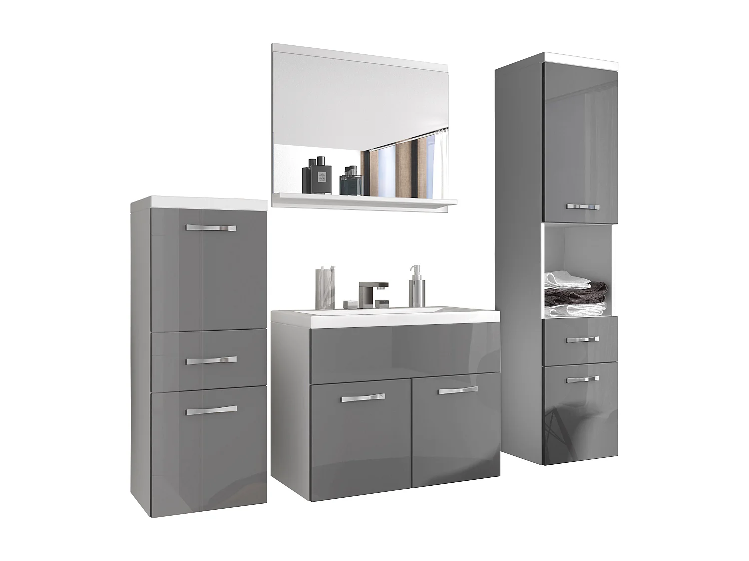 Moderne badmeubels, hangende set met wastafel, spiegel en kolomkasten, corpus wit mat / fronten grijs hoogglans