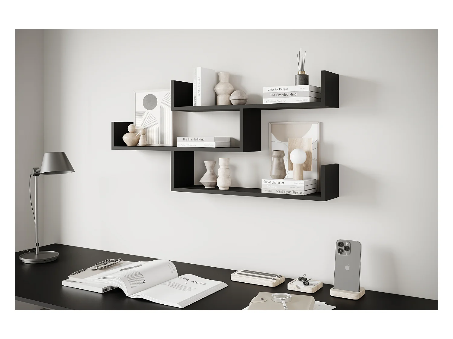 Trzypoziomowa półka wisząca, nowoczesna półka ścienna do salonu, 119 cm czarny mat