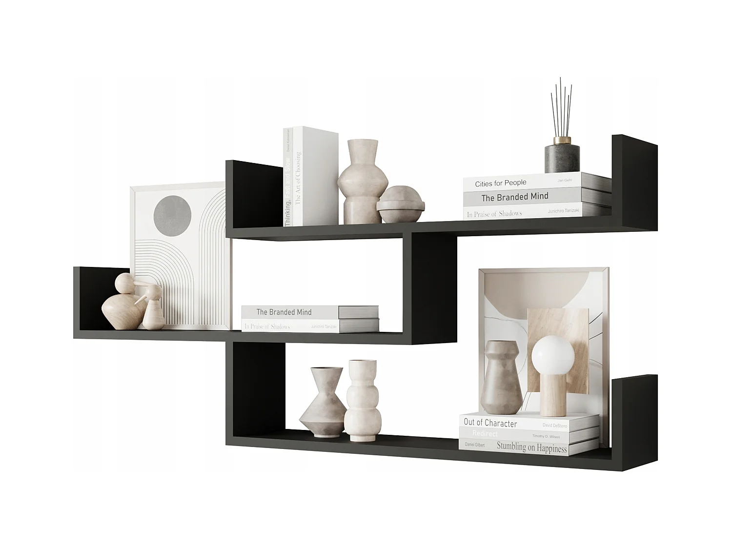 Driedelige wandplank, moderne wandplank voor woonkamer, 119 cm zwart mat