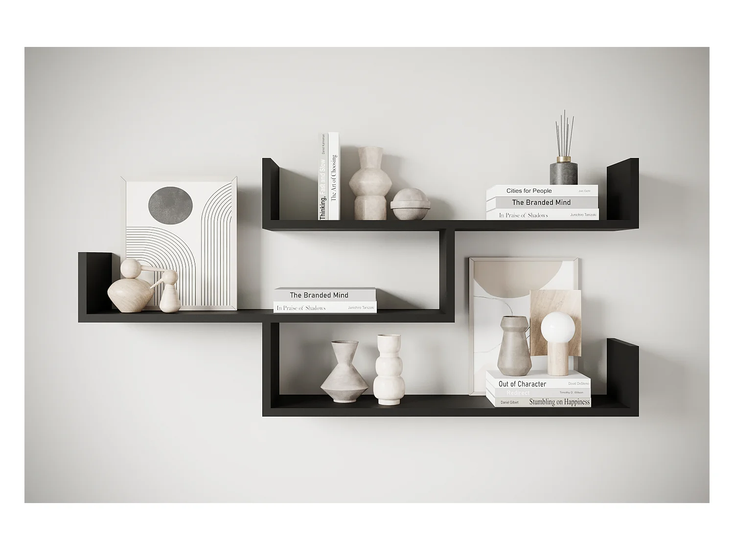 Driedelige wandplank, moderne wandplank voor woonkamer, 119 cm zwart mat