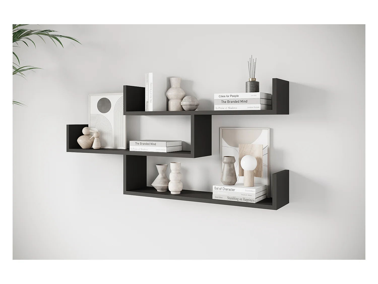 Driedelige wandplank, moderne wandplank voor woonkamer, 119 cm zwart mat