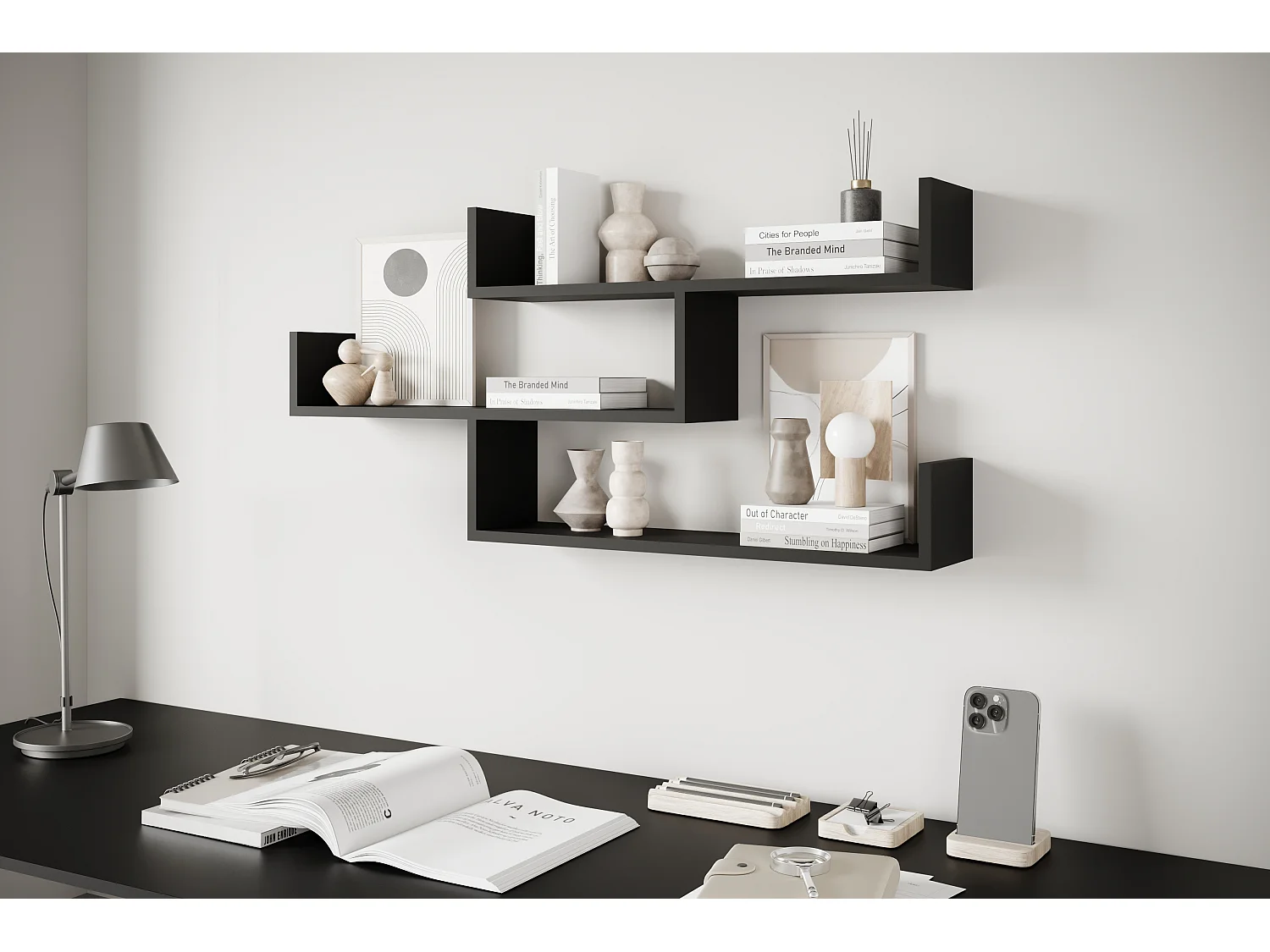 Wandregal TRIO 03, Wandboard, Schweberegal, breites Regal, Farbe Schwarz