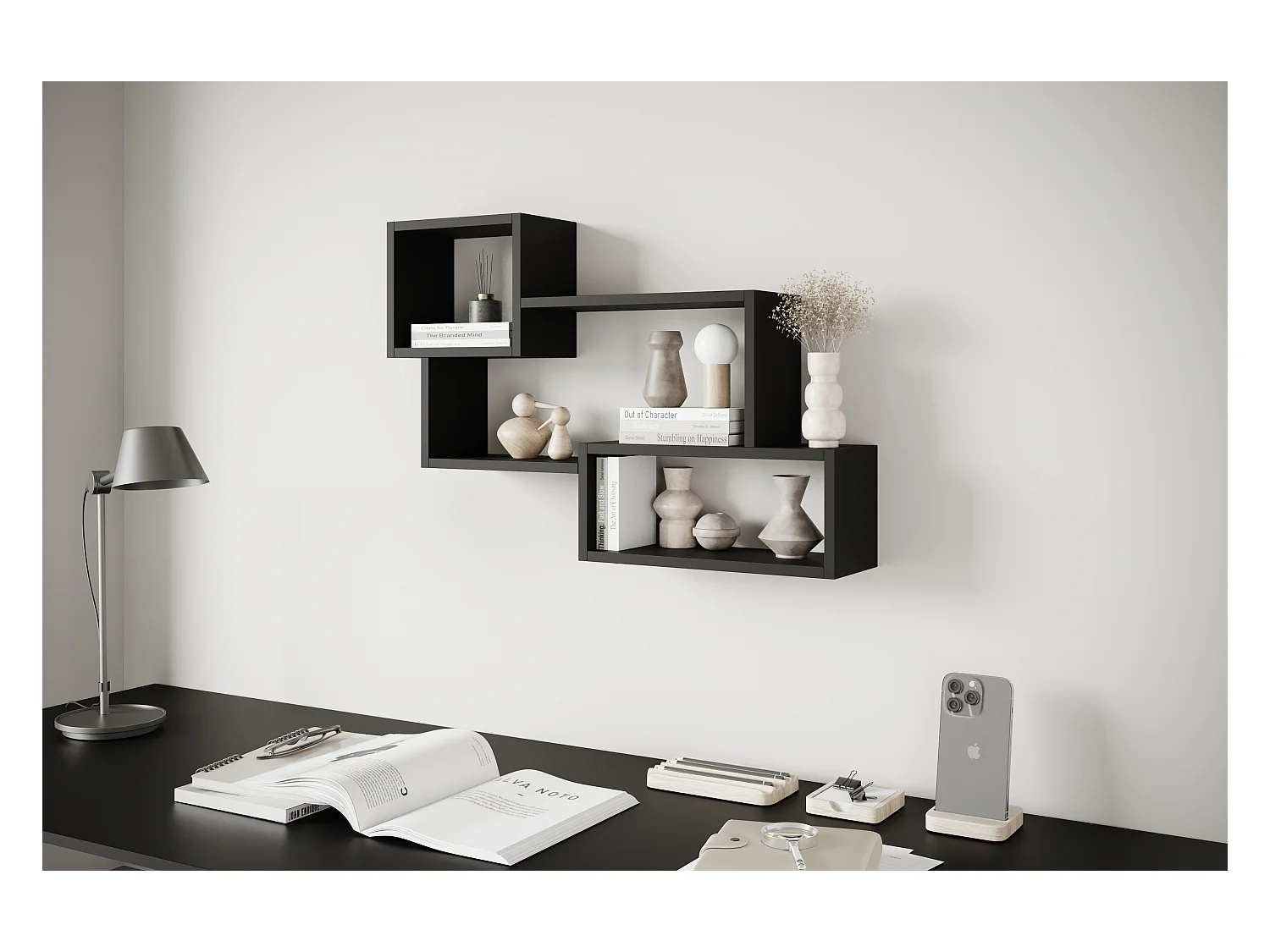 Nowoczesna półka wisząca z 3 prostokątami, do salonu, sypialni i pokoju czarny mat