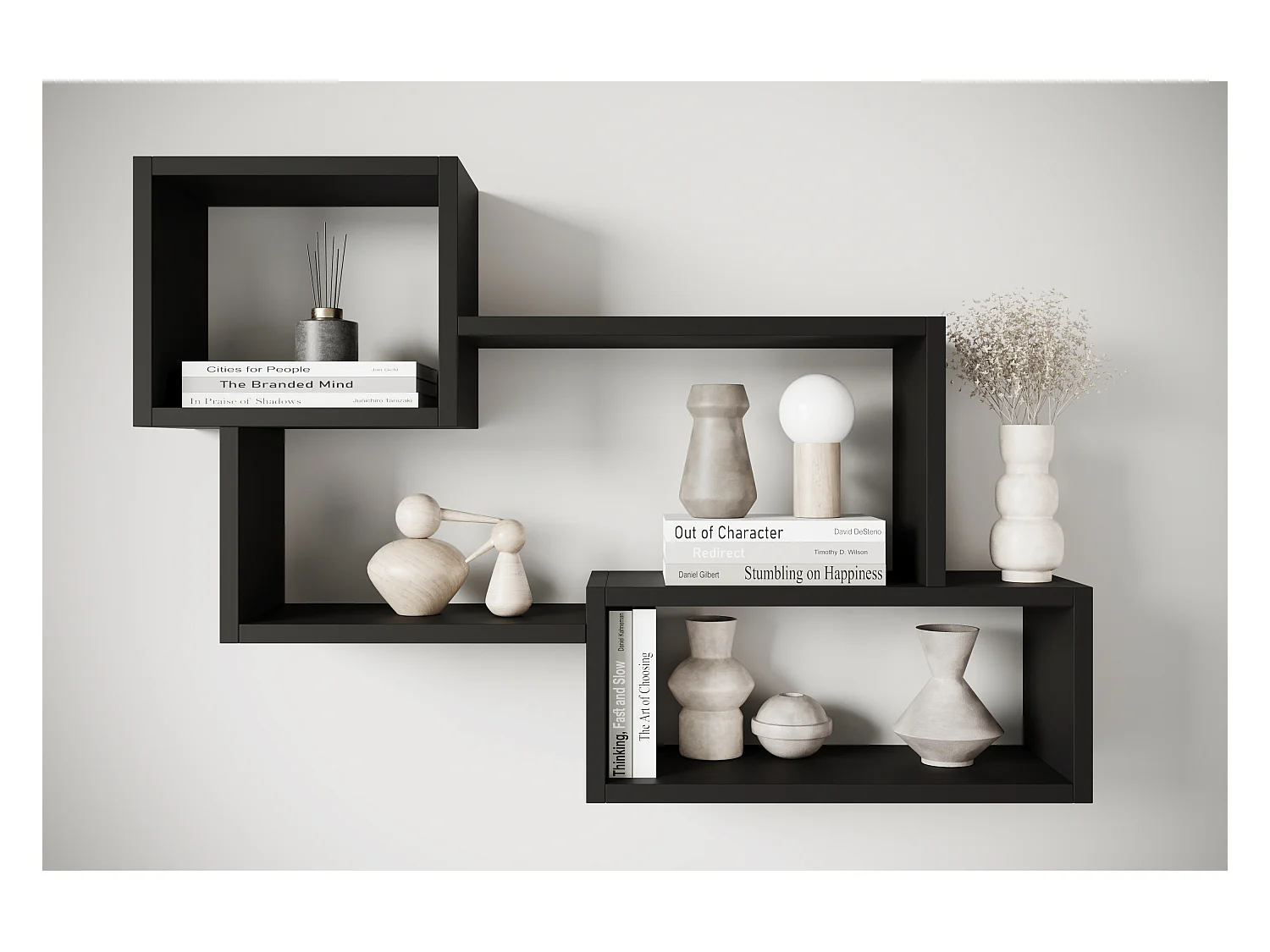 Étagère murale moderne avec 3 rectangles pour salon, chambre et bureau, noir mat