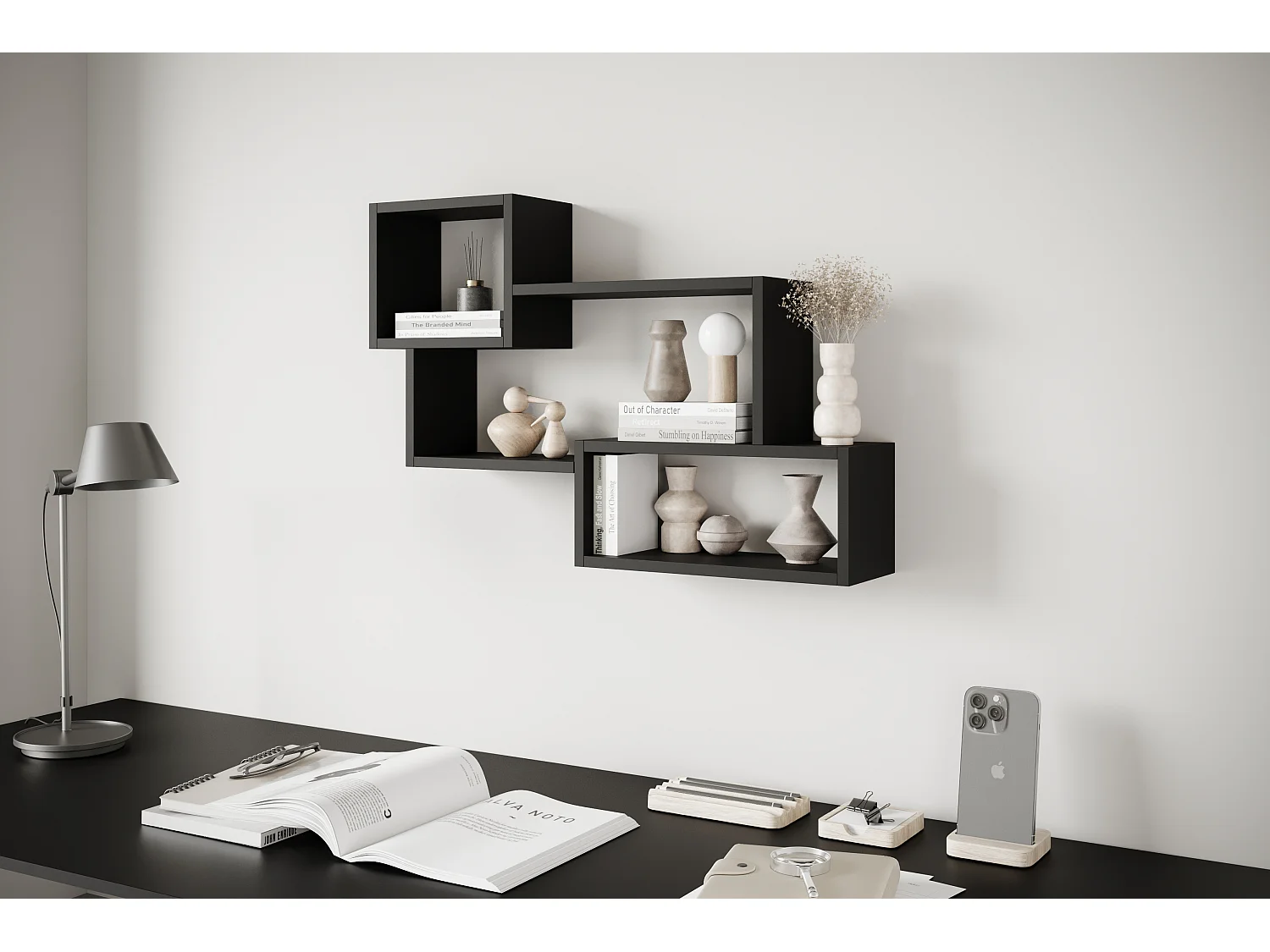 Étagère murale moderne avec 3 rectangles pour salon, chambre et bureau, noir mat