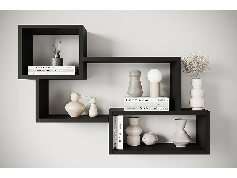 Étagère murale moderne avec 3 rectangles pour salon, chambre et bureau, noir mat