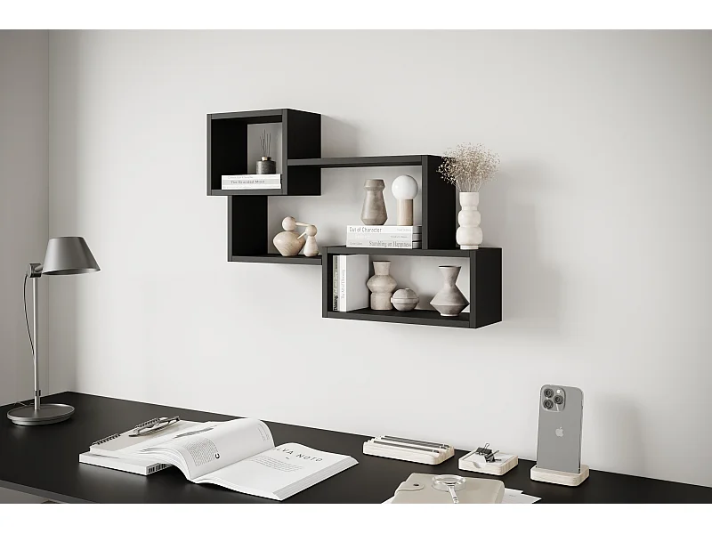 Étagère murale moderne avec 3 rectangles pour salon, chambre et bureau, noir mat