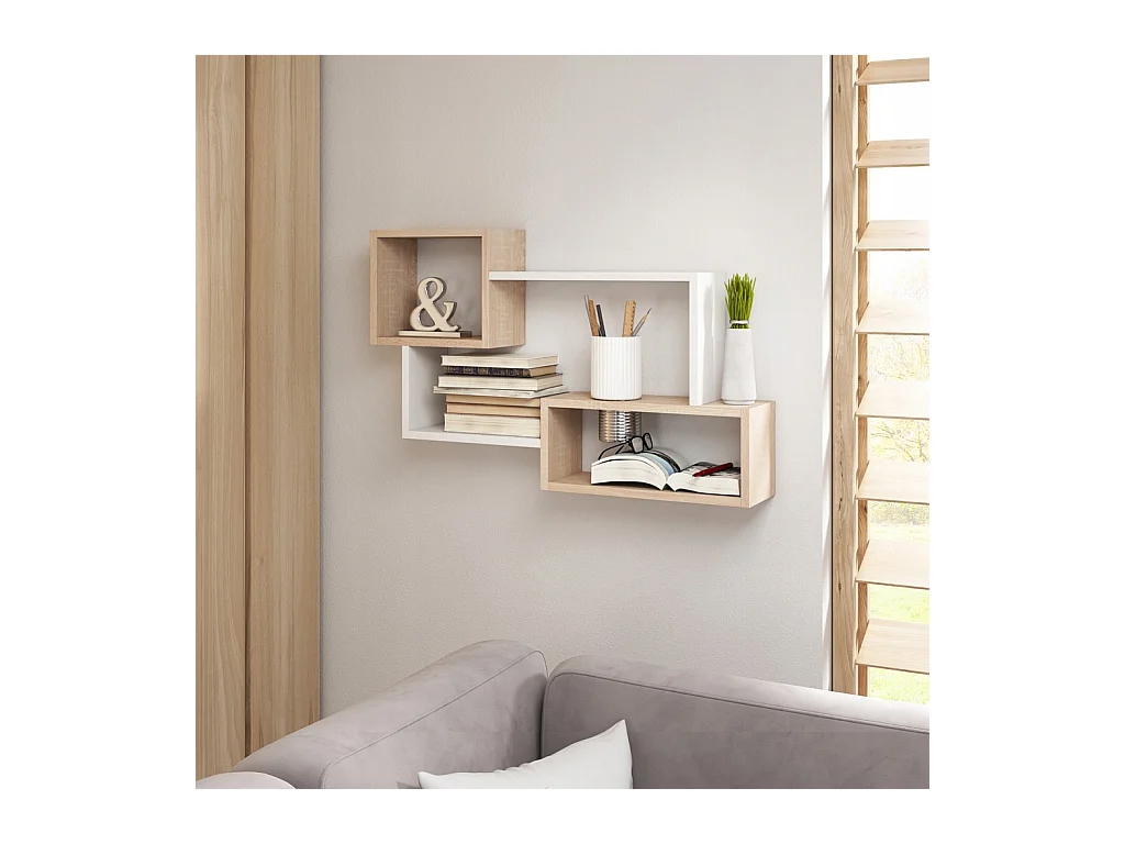 Nowoczesna półka wisząca z 3 prostokątami, do salonu, sypialni i pokoju dąb sonoma, biały mat