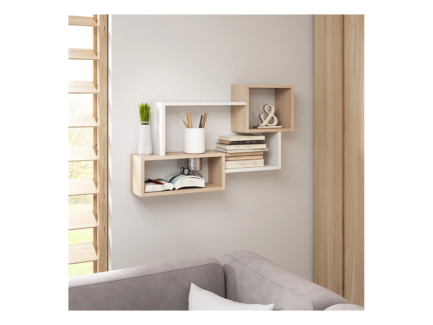 Nowoczesna półka wisząca z 3 prostokątami, do salonu, sypialni i pokoju dąb sonoma, biały mat