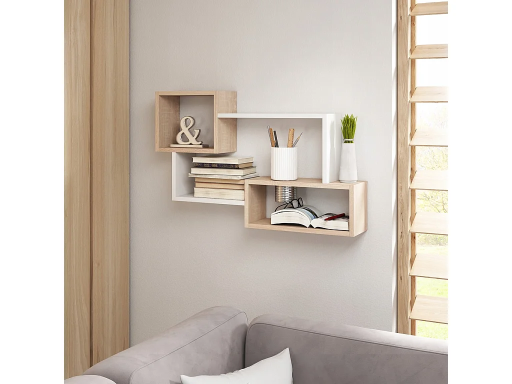 Étagère murale moderne avec 3 rectangles pour salon, chambre et bureau, chêne sonoma et blanc mat