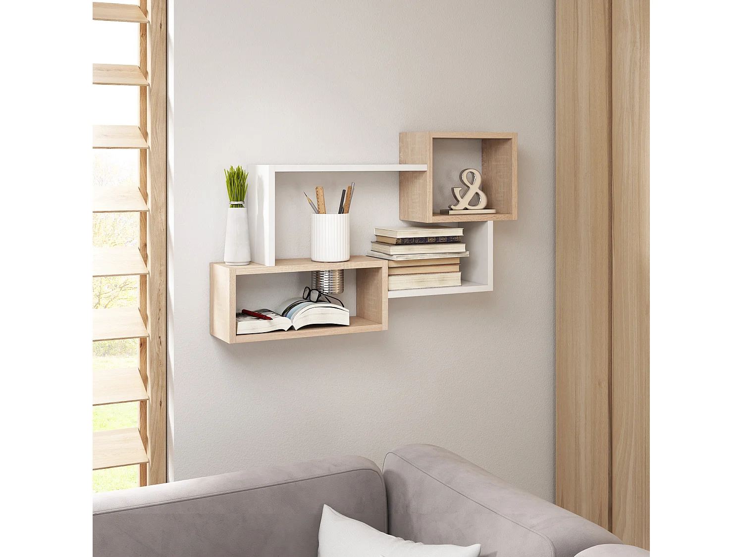 Étagère murale moderne avec 3 rectangles pour salon, chambre et bureau, chêne sonoma et blanc mat