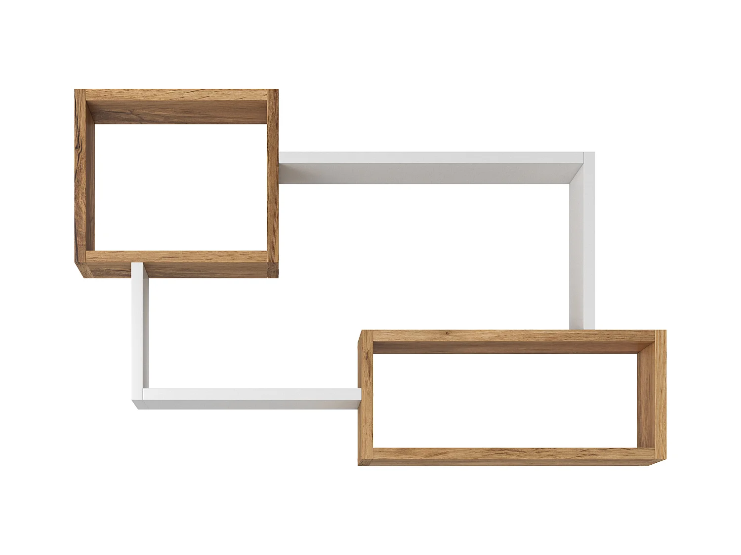 Prateleira moderna suspensa com 3 retângulos para sala, quarto e divisão, carvalho wotan e branco mate