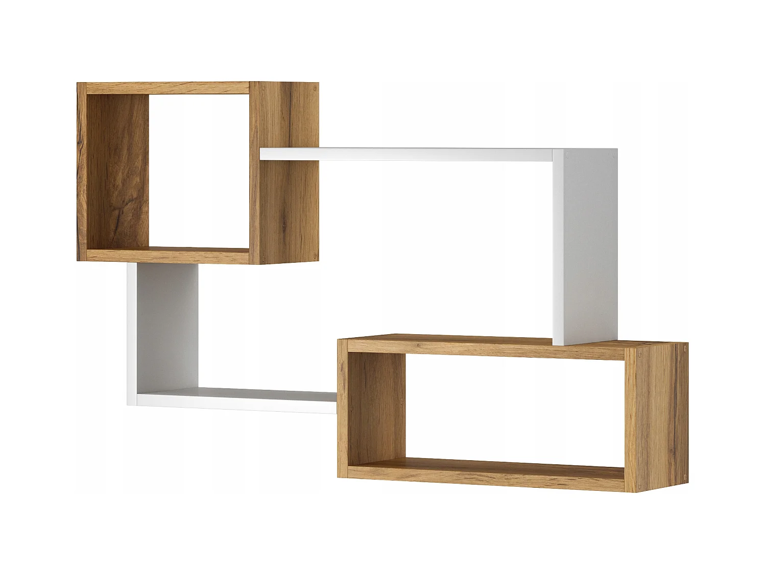 Prateleira moderna suspensa com 3 retângulos para sala, quarto e divisão, carvalho wotan e branco mate