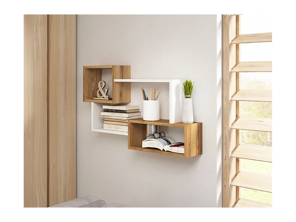 Nowoczesna półka wisząca z 3 prostokątami, do salonu, sypialni i pokoju dąb wotan, biały mat