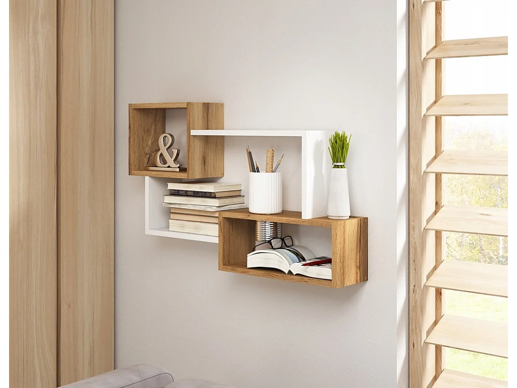 Étagère murale moderne avec 3 rectangles pour salon, chambre et bureau, chêne wotan et blanc mat