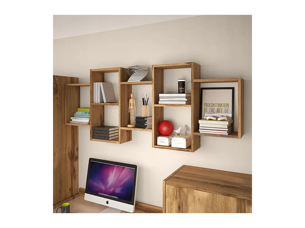Étagère murale ou posée moderne pour salon, chambre et bureau, carré chêne wotan