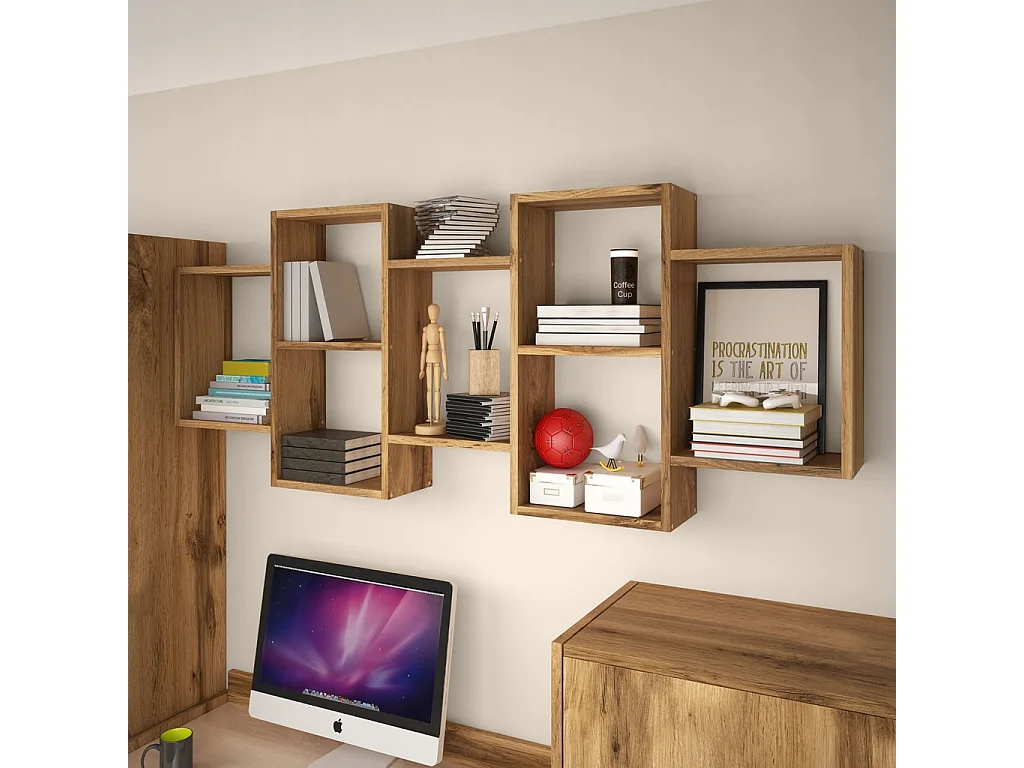Étagère murale ou posée moderne pour salon, chambre et bureau, carré chêne wotan