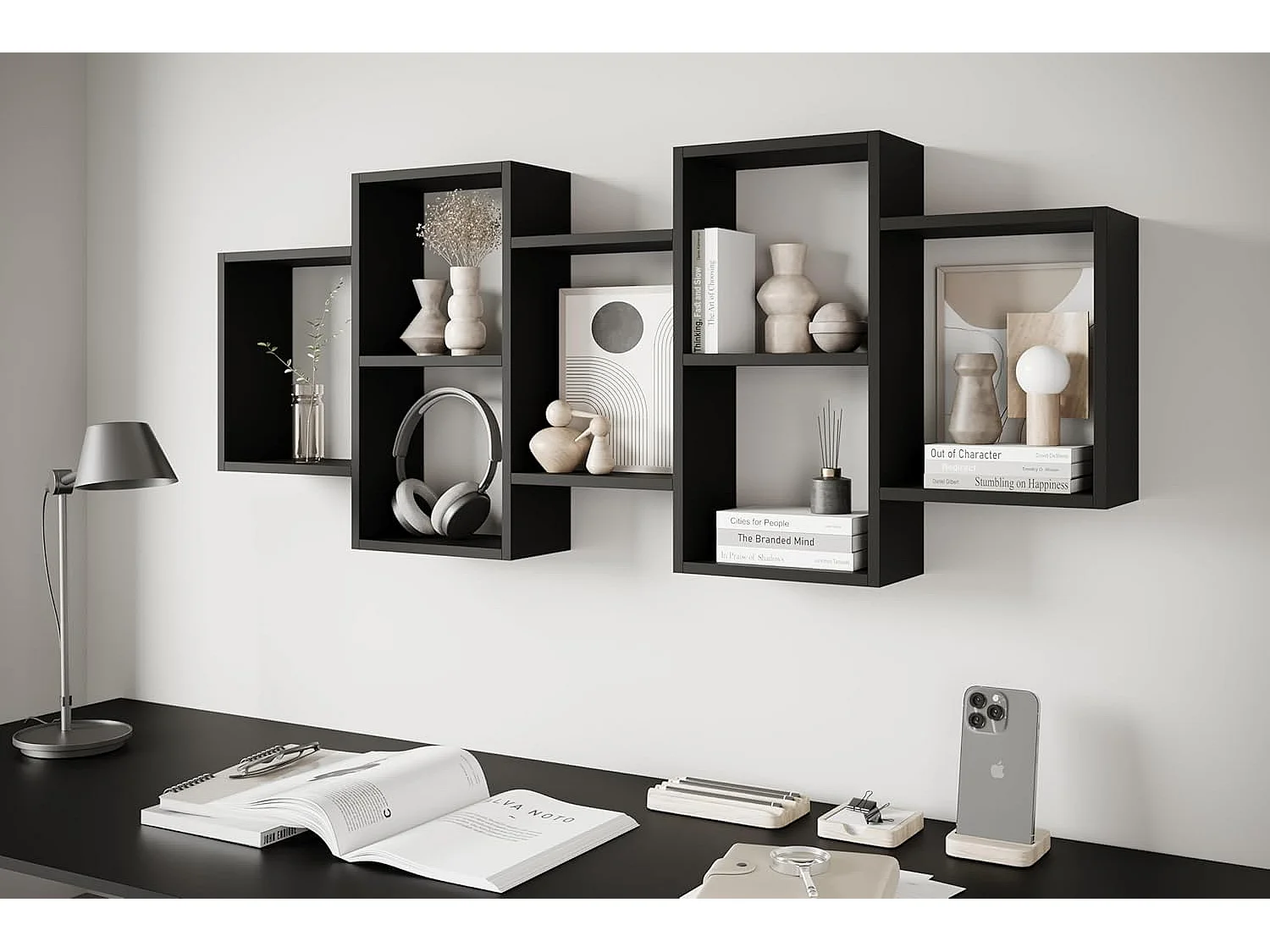 Nowoczesna półka wisząca lub stojąca do salonu, sypialni i pokoju, kwadrat czarny mat