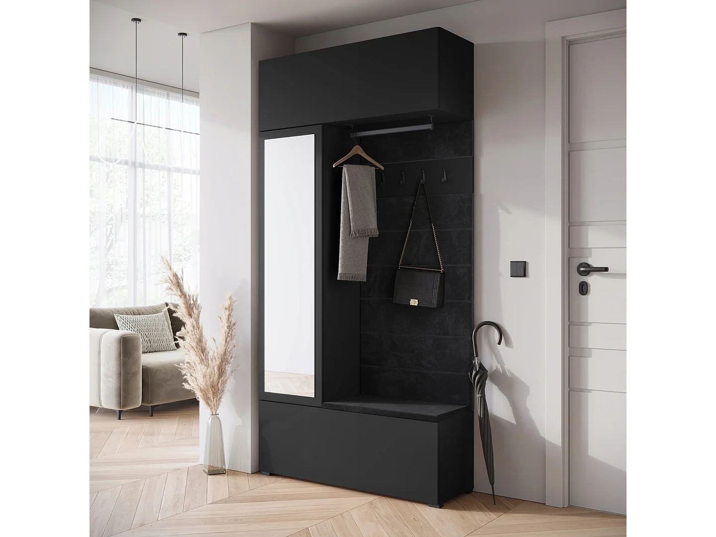 Moderner Schwarzer Eingangsschrank mit Spiegel, Sitzbank und Regalen - Funktionelle Garderobe mit Hochwertiger Oberfläche