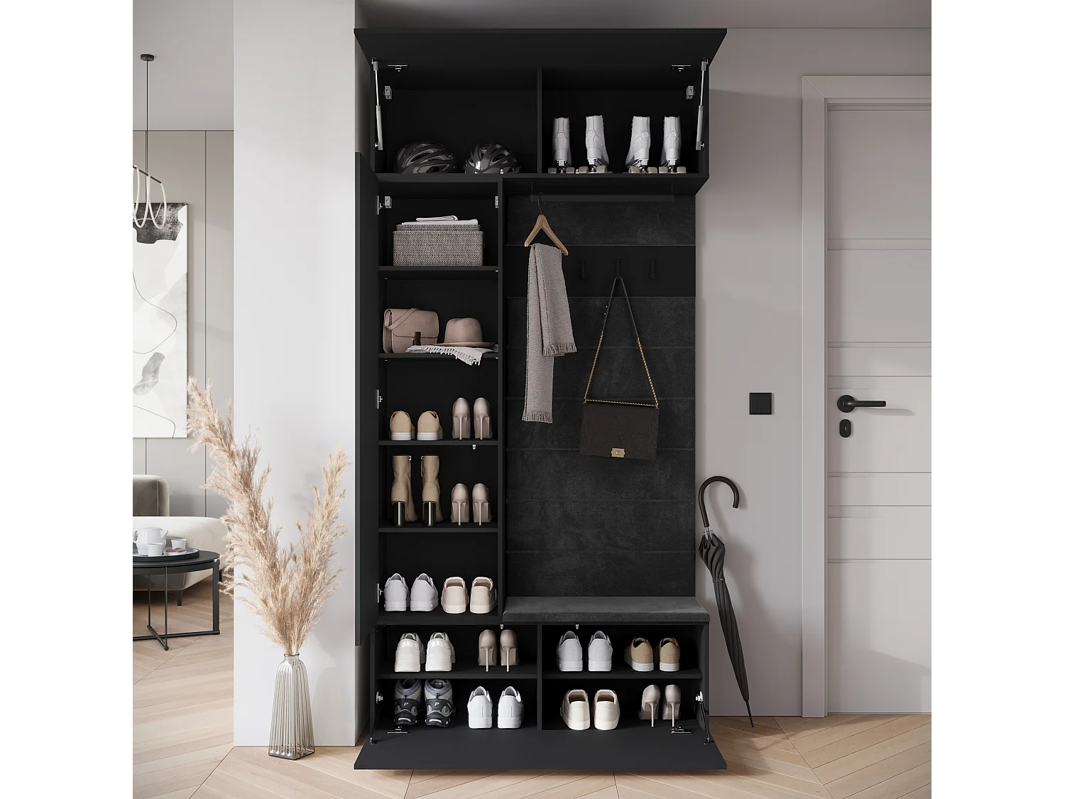 Moderner Schwarzer Eingangsschrank mit Spiegel, Sitzbank und Regalen - Funktionelle Garderobe mit Hochwertiger Oberfläche