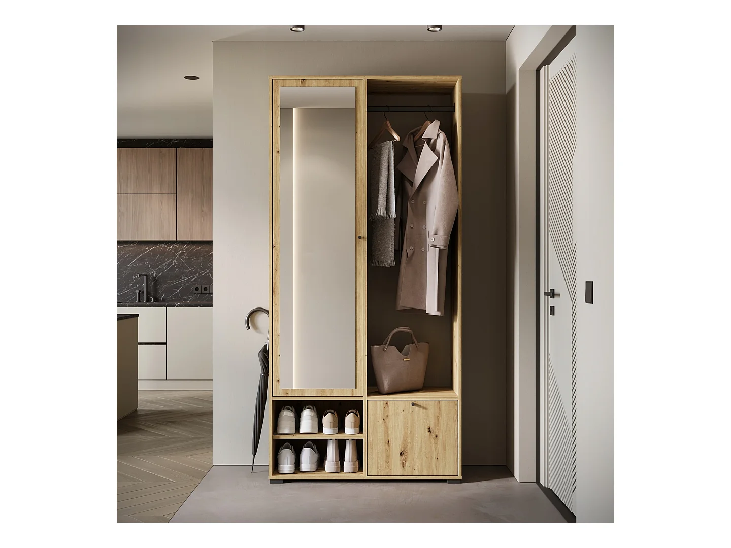 Nowoczesna garderoba 90 cm szafa do przedpokoju z lustrem półkami i drążkiem mat artisan